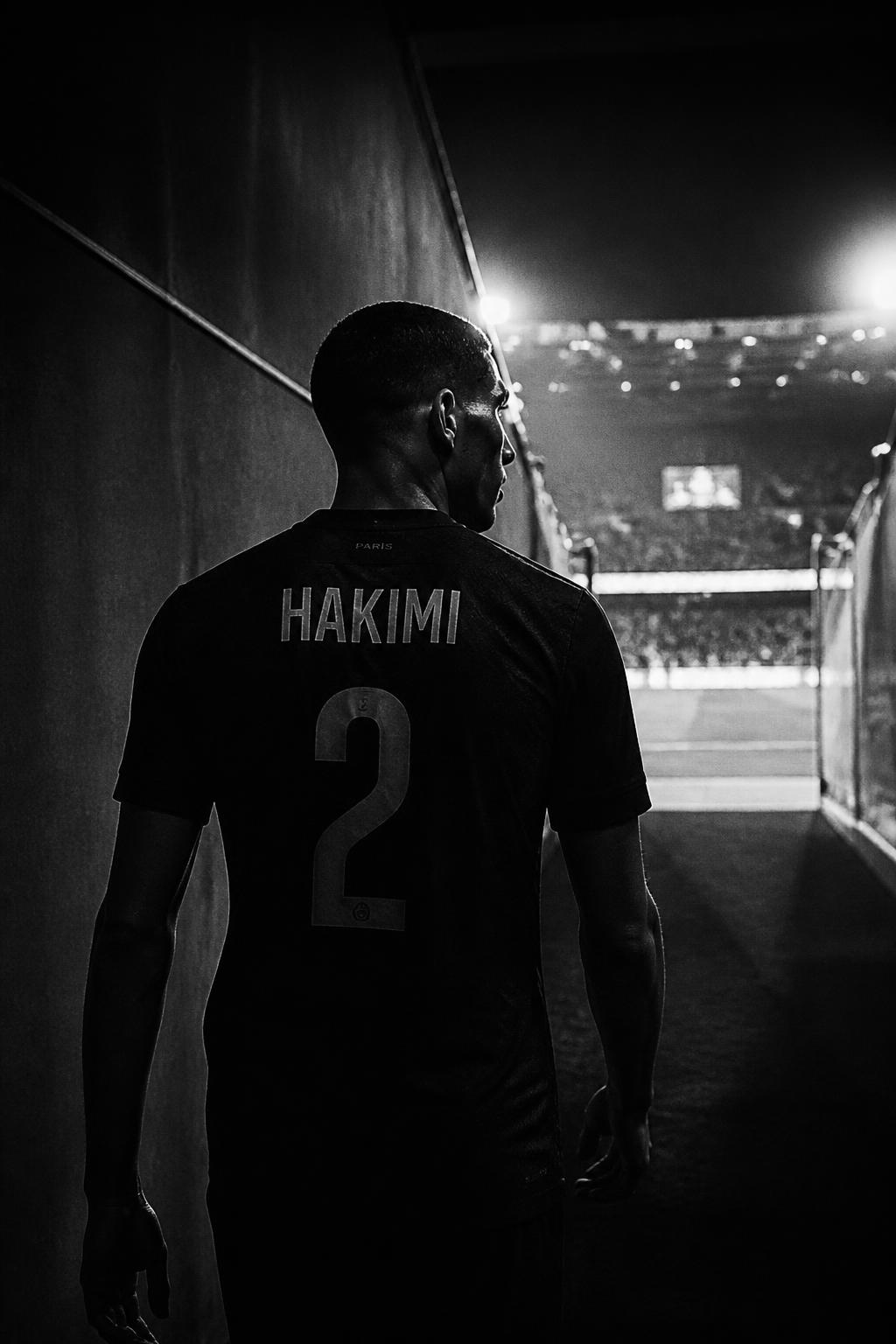 Achraf Hakimi walking through a dark stadium tunnel